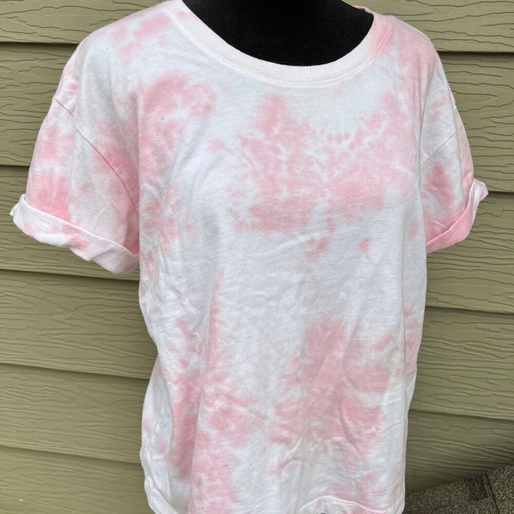 ME TO WE T-shirt, Cuffed Short Sleeve, Pink and White Tie Dye, Women's size M